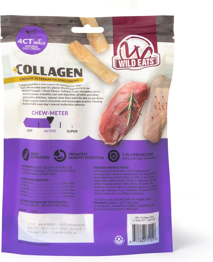 Wild Eats Duck Flavor Collagen Cheek Roll Chews 5" 4pk, Pig Ear Substitute | Long lasting treats and bones for medium breeds, retriever style texture, 4 per bag, satisfies natural gnawing urges daily