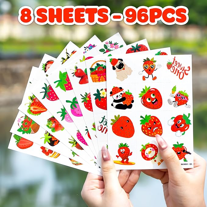 96PCS Strawberry Berry Pre-Cut Temporary Tattoos for Kids | Super Cute 1st Themed Birthday Party Favors, Supplies, Decorations, Funny Fake Tattoo Stickers (Multiple)