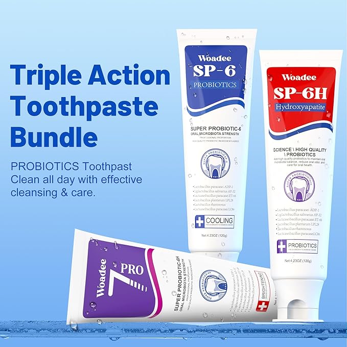SP-6 Toothpaste Set, 6 Probiotics for Whitening & Cooling Fresh Breath, 7- Pro Intense Whitening, Fluoride-Free, Deep Brigthtening & Freshness (2 Tubes, Blue+Red)