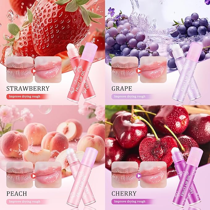 4Packs Fruit Lip Oil Roll-On, Jojoba Oil Infused Moisturizing Lip Gloss for Dry Lips, Nourishing & Non-Sticky Lip Care with Strawberry, Grape, Peach, Cherry Scents