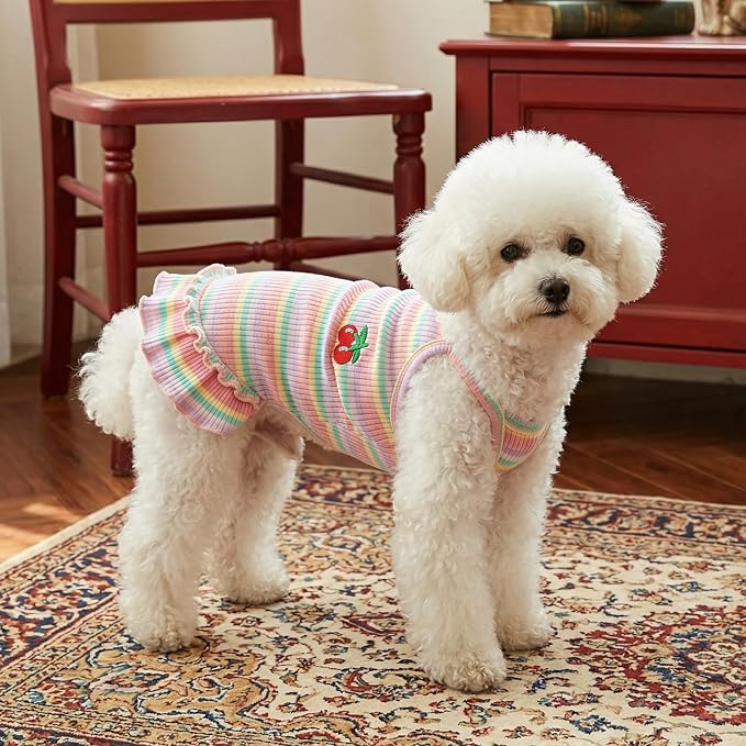 Jmkcoz Cute Striped Dog T Shirts Puppy Dress Pet Sleeveless Vest Clothes | Pink, X-Large, Soft, Lightweight, Breathable, Washable, Worn in All Seasons, Cherry Dog Shirts for Small Dogs Cats Chihuahuas