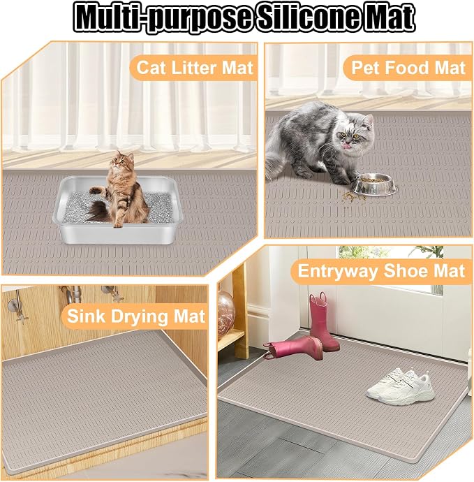Silicone Cat Litter Mat 47" x 35" Cat Mat for Litter Box, Khaki | Extra Large Cat Litter Trapping Mat for Floor, Waterproof, Non-Slip Kitty Litter Box Mat with Raised Edge, Easy to Clean
