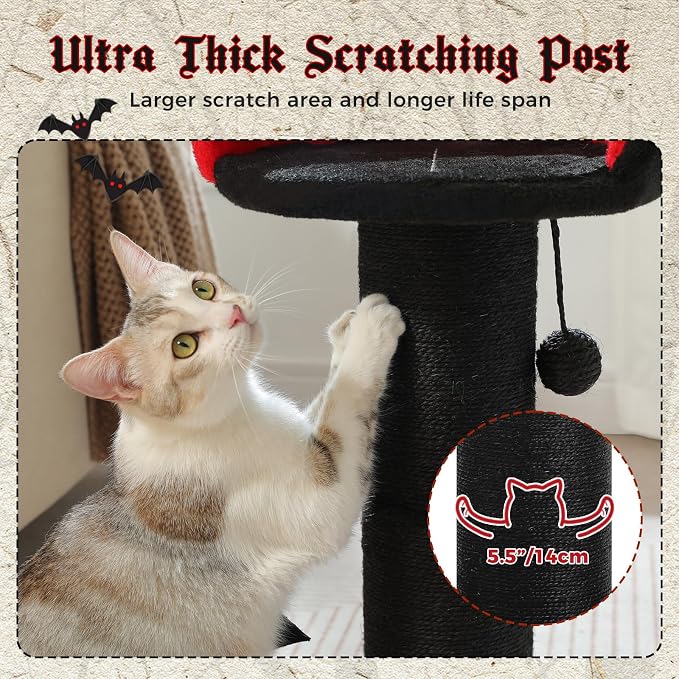 PEQULTI Gothic Cat Scratching Post, Super Thick 5.5in Sisal Post, Black | Small cat & kitten scratcher: removable cat bed, sisal + spring ball, enlarged double base; Gothic black cat tree