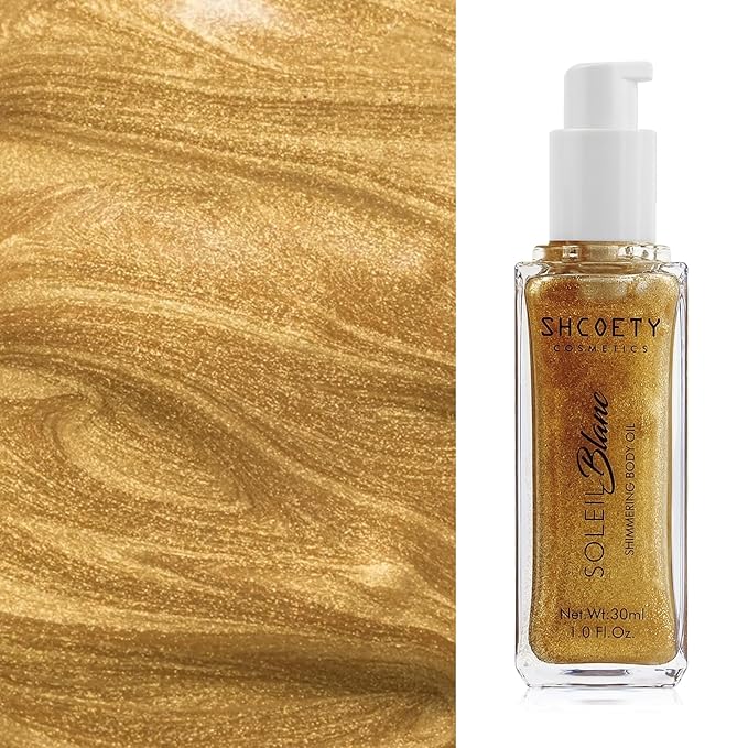 Shimmer Body Oil with Vitamin E, Body Glow Oil for Women, Long Lasting Waterproof & Moisturize for All Skin, Liquid Highlighter Makeup with Brush, Travel Size for Date, Wedding, Party, Champagne Gold