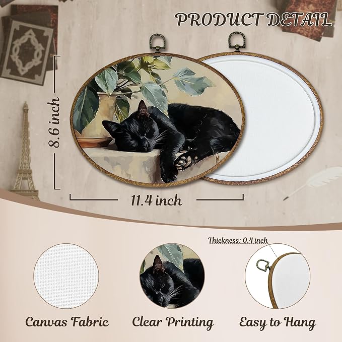 LKETW Vintage Black Cat Sleeping Oval Wall Art Decor, Black Cat Gifts for Women Oval Canvas Hanging Decor, Cottagecore Farmhouse Kitty Wall Decorations for Home Bedroom Living Room, 8.6x11.4 Inch