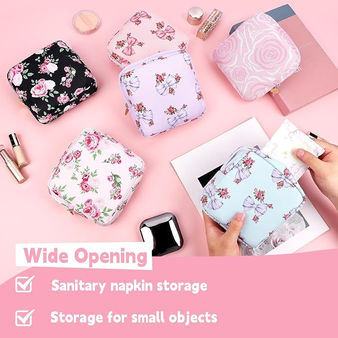 Sanitary Pad Storage Bag Portable Period Bag for Teen Pads/Sanitary Napkins/Small Tampons, Sanitary Napkin Storage Bag First Period Gifts for Teen Girls (Black Rose Bouquet)