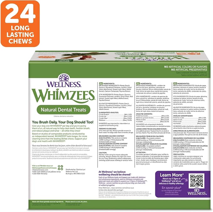 Wellness WHIMZEES Value Pack Natural Dog Dental Treat, Chews, Freshens Breath, Large Size, 50.9 oz Box, 24 Count