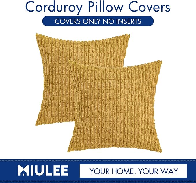 MIULEE Corduroy Decorative Throw Pillow Covers 18x18 Yellow Pack of 2 | Soft Boho Striped Pillow Covers Modern Farmhouse Home Decor For Sofa Living Room Couch Bed