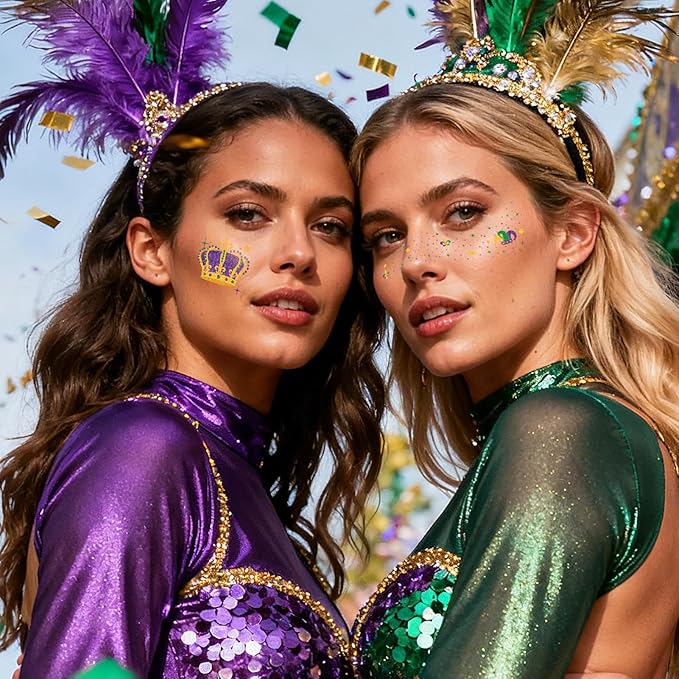 EMOME Mardi Gras Decorations, Mardi Gras Freckles Face Tattoos with Body Glitter Temporary Tattoo Stickers, Mardi Gras Costume Outfit Makeup Accessories Carnival for Women, Girls, Party Favors