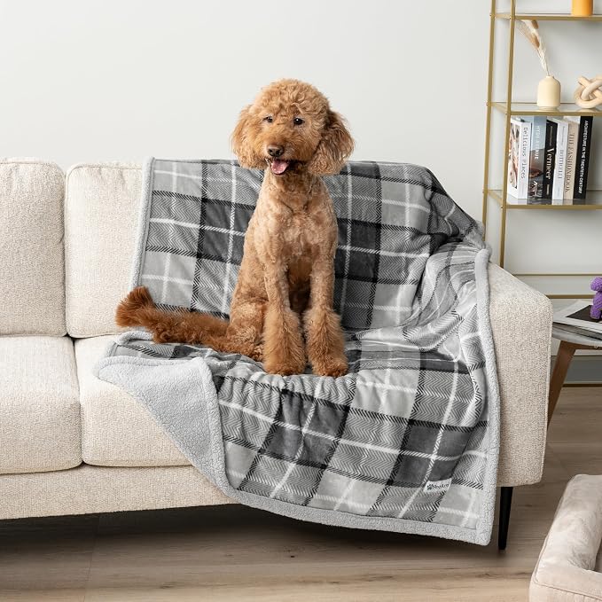 PetAmi Waterproof Dog Blanket for Medium Large Pet, 60x40, Plaid Light Grey | 460 GSM Sherpa Fleece Reversible, Pee Proof Cat Throw, Furniture Protector Cover for Couch Bed Sofa Kennel, Washable, Large