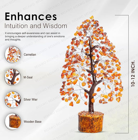 "Carnelian Chakra Tree of Life - Crystal Tree for Positive Energy, Handmade Gemstone Tree - Feng Shui Decor, Good Luck Money Tree Bonsai - Orange Healing Crystals for Sacral Chakra, Prosperity Gift"