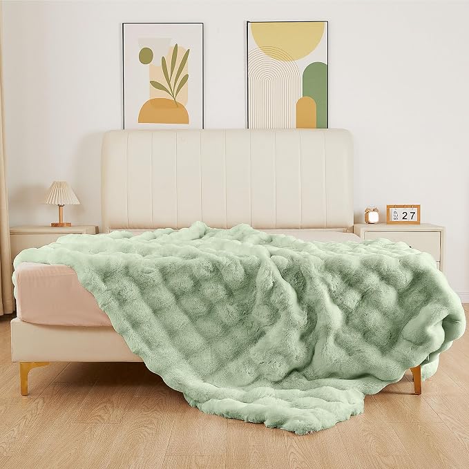 ORINOVA Sage Green Twin Size Blanket for Bed, 60x80 Ultra Soft Faux Rabbit Fur, Fuzzy Fluffy Plush Bubble Texture, Cozy Warm Reversible Throw for Couch, Bedroom Dorm Decor, Gifts for Women