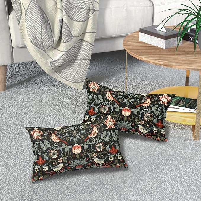 Chinoiserie Floral Bird Colorful Lumbar Pillow Covers 12X20 Set of 2 Orange Sage Green Pimpernel Flower Throw Pillow Cases Vintage Art Modern Home Decor for Couch Patio Sofa Porch