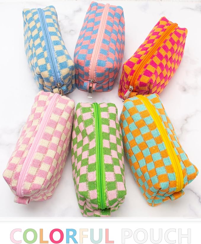 PAZIMIIK 6PCS Checkered Makeup Bag for Purse Portable Zipper Make Up Pouch Small Cosmetic Case for Travel Accessories Blue Beige