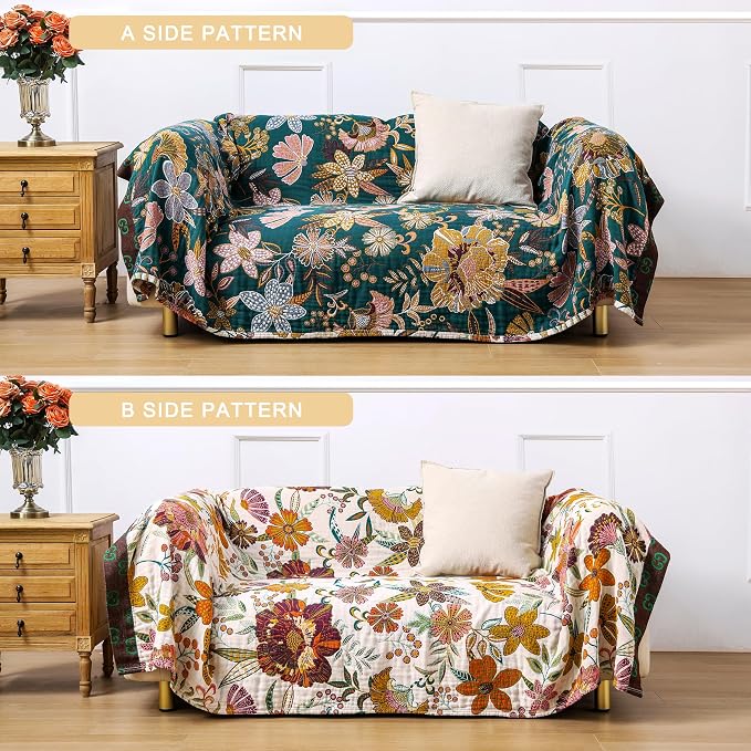 VANJOROY Boho Throw Blanket for Bed, 100% Cotton Muslin Soft Twin Throw-Floral Farmhouse Rustic Decor Blanket for Couch Sofa Quilt and Gift, 60" x 80"-BeigeWhite