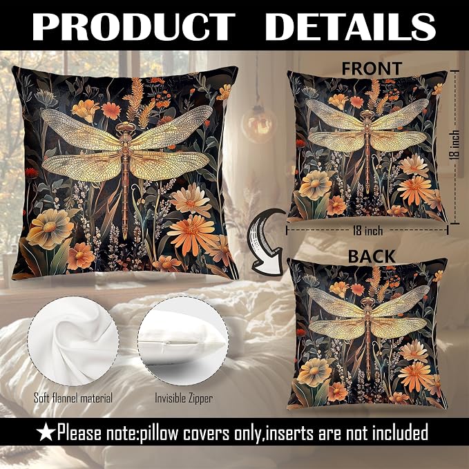 Rustic Autumn Floral Dragonfly Pillow Covers 18x18,Dragonfly Gifts for Women,William Morris Inspired Vintage Dark Cottagecore Floral Botanical Decor Throw Pillow Covers for Home Living Bedroom.