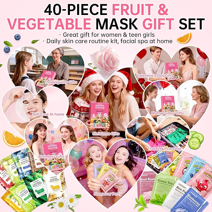 40Pcs Collagen Face Masks Skincare Set for Women, Spa Face Mask with Collagen Extract, Bulk Facial Mask for Teen Girls, Korean Face Mask Sheet Gift for Sensitive Skin, Daily Hydrating Skincare Routine