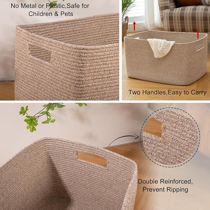 OIAHOMY 75L Large Blanket Basket, 22”x17”x12” Woven Cotton Rope Storage Basket with Handle for Organizing Blanket and Toys for Living Room, Nursery, Brown Variegated