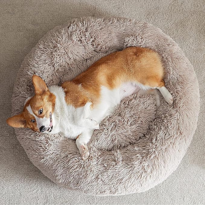 WNPETHOME Large Round Calming Dog Bed Cat Bed for Comfy Sleep | Large Cute Washable Puppy & Cat Bed with Fluffy Plush, Faux Fur Anti Anxiety Pet Bed Donut Cuddler (36x36x10 Inch, Brown)