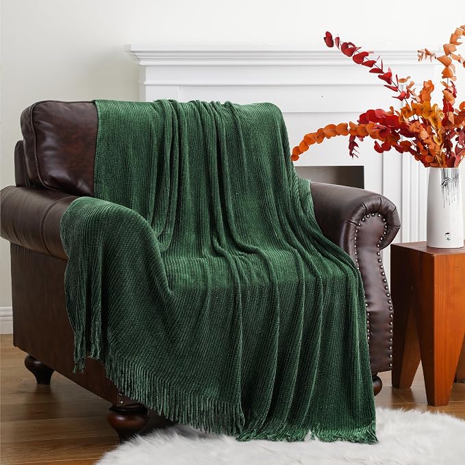 BATTILO HOME Dark Green Throw Blanket for Couch, 50"x60" | Soft Chenille Knit Throws with Tassels for Home Decor, Spring Green Throws for Couch Cover