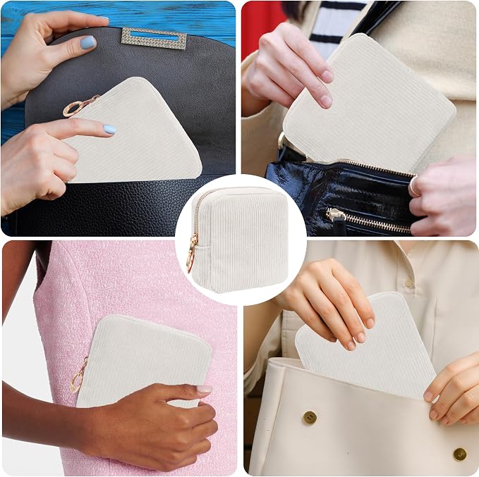 Period Bag for Girls, Corduroy Sanitary Napkin Storage Bag, Period Pouch & Tampon Holder, Feminine Care Organizer( Beige)