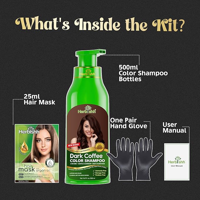 Herbishh Hair Color Shampoo for Gray Hair – Natural Hair Dye Shampoo – Colors Hair in Minutes – Lasts Up To 3-4 Weeks – 500ML – 3-In-1 Hair Color – Colors, Cleanses, and Conditions (Dark Coffee)