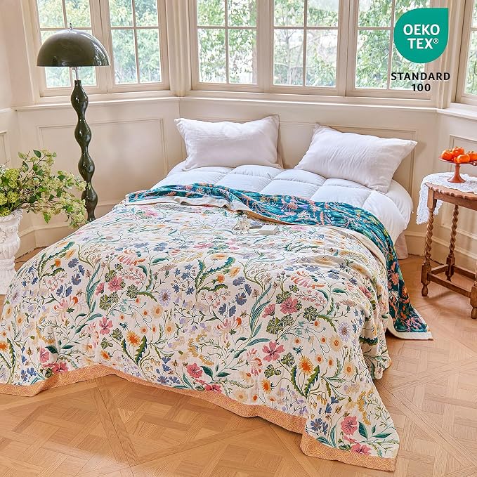 MSGKV Boho Throw Blanket 50"x60" Cotton Floral Blanket for Couch Bed Decor | 100% Cotton Throw, Colorful Floral, Reversible Blanket, Couch Bed Decor, Road Trip Blanket, Farmhouse Decor, Machine Washable