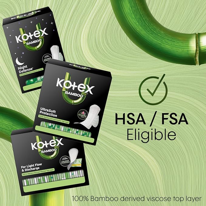 Kotex Bamboo Ultra Thin Pads with Wings, Regular Absorbency, 48 Count (Packaging May Vary)