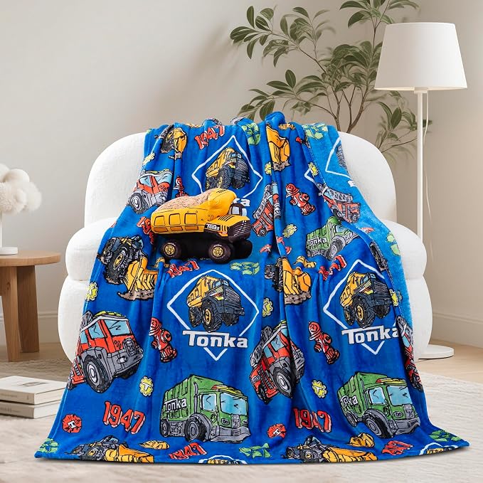 Northwest Hasbro Tonka Sketched Hugger Pillow & Silk Touch Throw Blanket Set, 50x60 Inch Blanket and 11 Inch Plushie