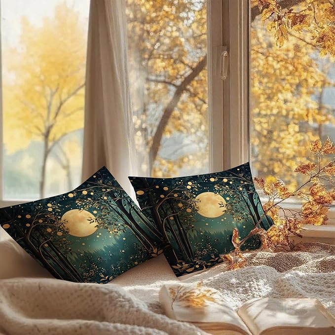 Rustic William Morris Inspired Night Moon Forest Decor Pillow Covers 18x18 Set of 2,Vintage Black and Gold Nature Landscape Botanical Decorative Throw Pillow Covers for Home Bedroom Living Room