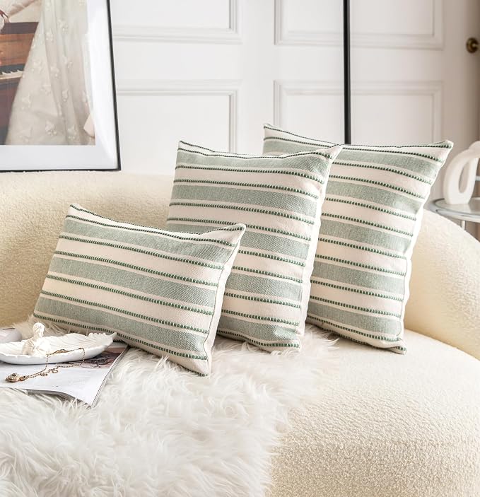 Cethom Decorative Boho Lumbar Throw Pillow Covers, Farmhouse Textured Pillow Case, 12 x 20 Inch Set of 2, Chair Sofa Bedroom Living Room Home Decor Couch Cushion Case, Green and Beige