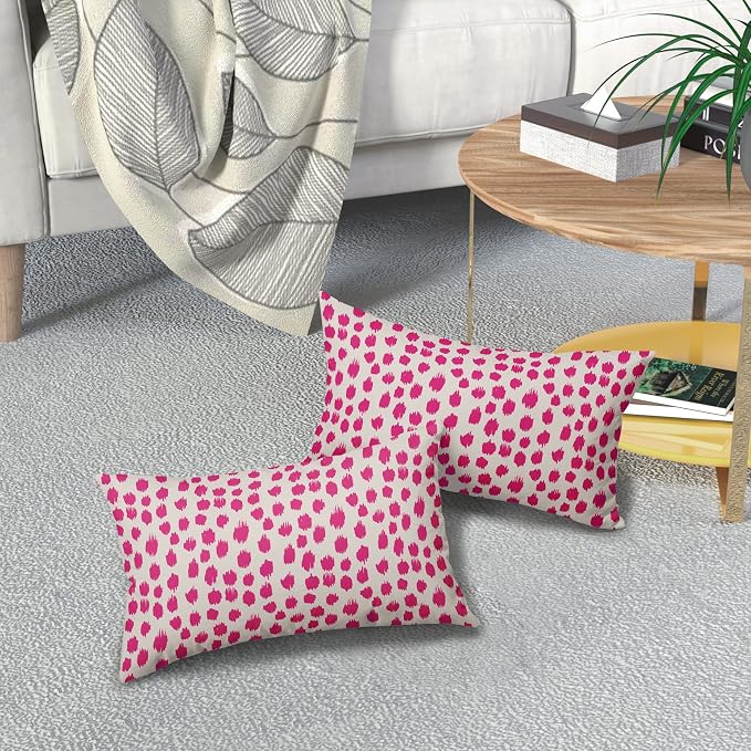 Hot Pink Cream Pillow Covers 12x20 Set of 2 Boho Design Polka Dot Throw Pillows Modern Brush Strokes Print Decorative Outdoor Pillowcase Lumbar Cushion Cover Linen Pillow Case for Home Sofa Couch Bed
