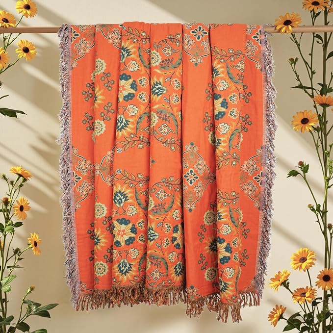VANJOROY 100% Cotton Throw Blanket, Muslin Breathable Soft Bed Quilt Orange Throw - Bohemian Floral Farmhouse Decor Blanket for Sofa Couch Chair and Gift. 50" x 60"