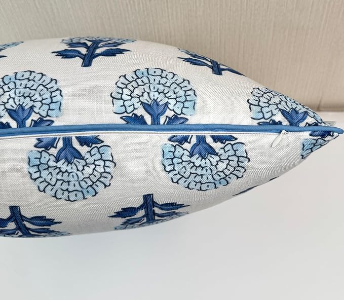 Marigold Floral Print 18x18 Throw Pillow Cover, Blue | Blue marigold floral on off-white slub, blue piping; both sides printed; hidden zip; cover only