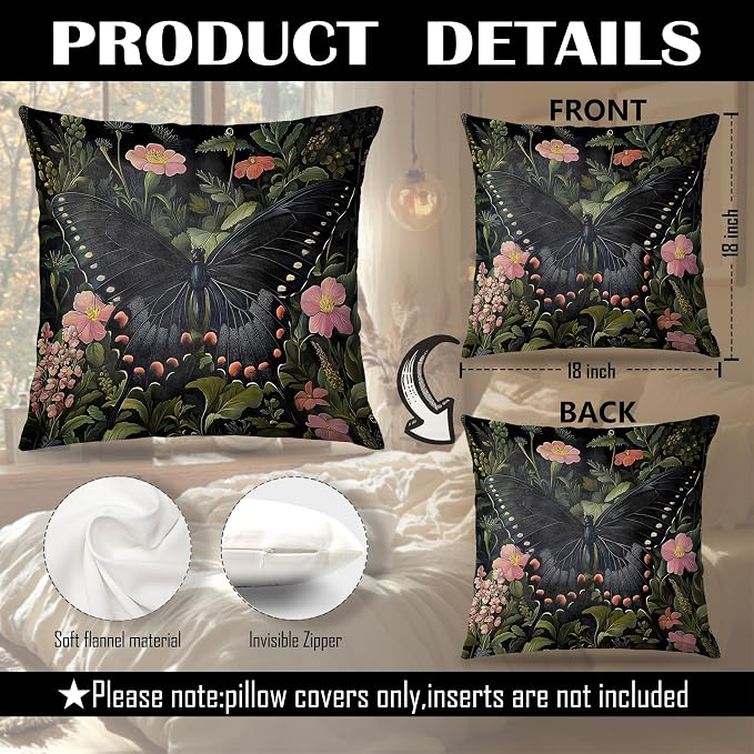 Floral Black Butterfly Pillow Covers 18x18, Dark Cottagecore Wildflower Botanical Moth Decorative Throw Pillow Covers for Bedroom Living Room Home, Butterfly Room Decor