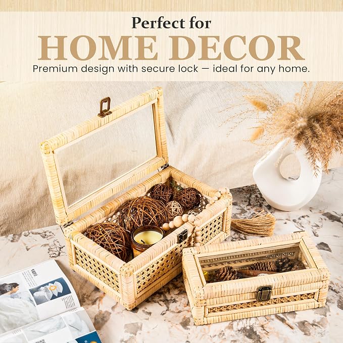 Rattan Decorative Box with Lid & Secure Lock | Decorative Box with Lids for Home Decor | Rattan Display Box | Boho Storage Box | Wicker Basket Organizer | Includes 10x Non-Scratch Felt Pads