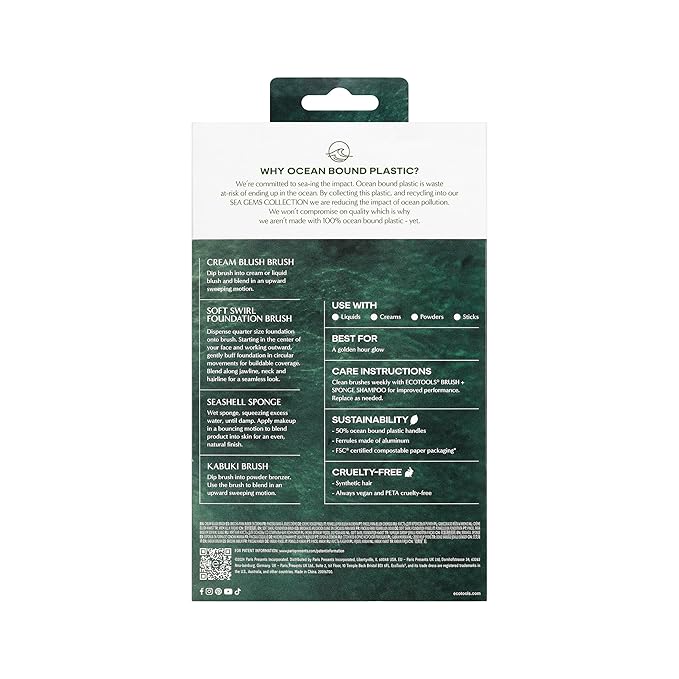 EcoTools Sea Gems Face Makeup Brush & Sponge 4 Piece Set, Eco-Friendly Makeup Brushes & Makeup Sponge, For Foundation, Blush, Contour, & Setting Powder, Recycled Plastic, Cruelty-Free Tools