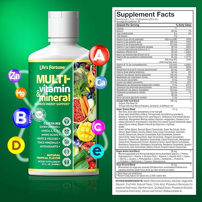 Life's Fortune Liquid Multivitamin for Adults Men & Women, Teens – High Absorption Daily Vitamins – Trace Minerals, Amino Acids, Biotin, L-Arginine, – Tropical Flavor, Sugar Free, 32 oz (Pack of 2)