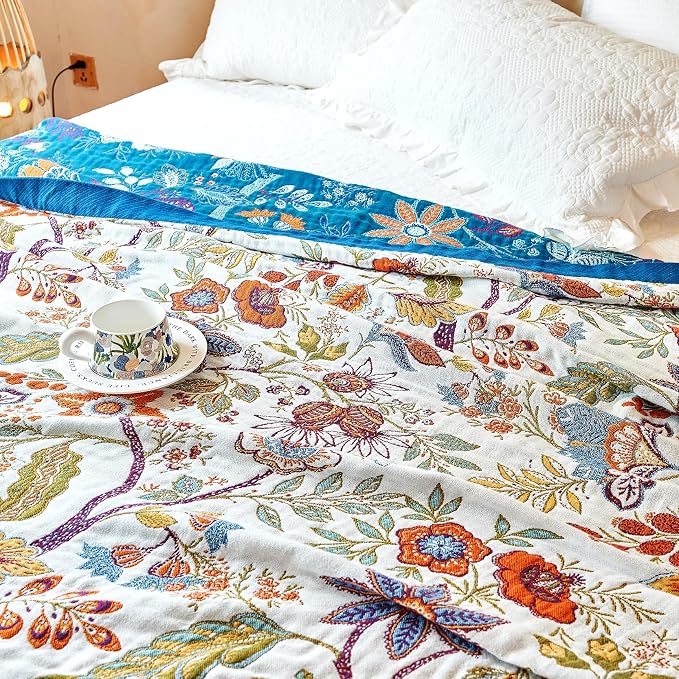 VANJOROY Boho Throw Blanket, 100% Organic Cotton Breathable Skin-Friendly Ultra Soft Bed Quilt Throw - All Season Floral Farmhouse Décor Luxury Blanket for Sofa Couch Chair and Gift. 80" x 90"