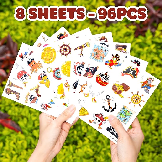 96PCS Pirate Ship Nautical Pre-Cut Temporary Tattoos for Kids | Super Cute Theme Birthday Party Favors, Supplies, Decorations, Mermaid Treasure Fake Tattoo Stickers (Multiple)