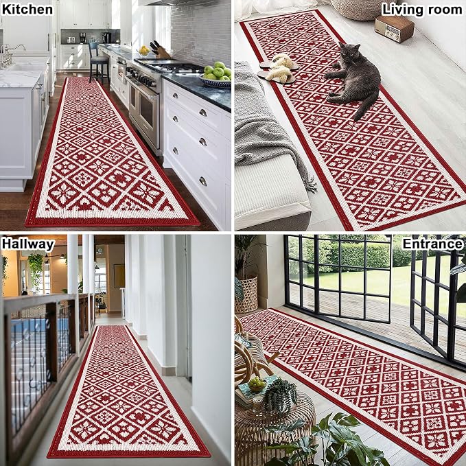 Ileading Runner Rugs for Hallways 2x10ft Heavy-Duty Durable Red Entryway Floor Mat with Non Slip Rubber Backing for Busy Traffic Extended Doormat Machine Washable Kitchen Throw Rug Valentine's Day