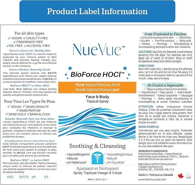 BioForce HOCl - Pure Hypochlorous Acid Spray for Face & Body - Acne-Prone Skin & Eczema, Piercing aftercare, Made in Canada, Gentle Skin Cleanser & Toner, pH Balanced, Non-comedogenic - NueVue (8.2oz)