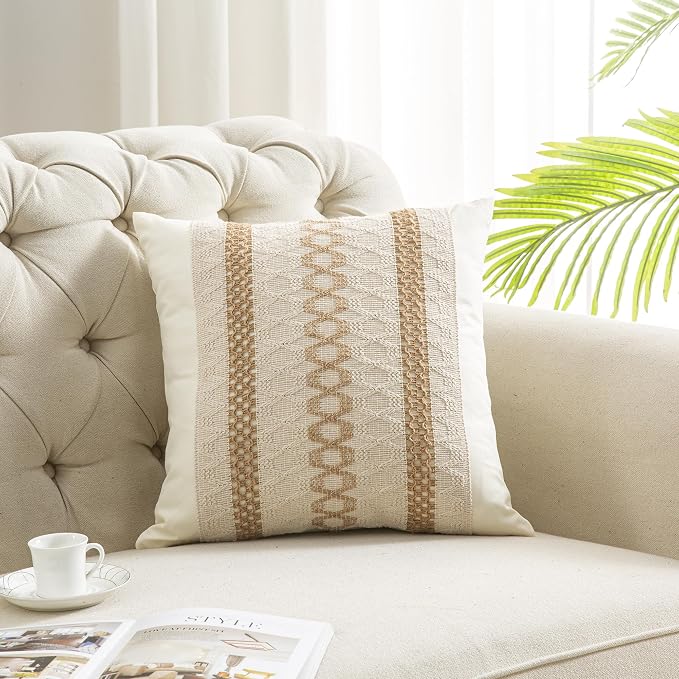 Throw Pillow Covers 20 x 20 Inch 1PC for Farmhouse Living Room, Cotton & Burlap Textured Striped Woven Boho Pillow Covers (Beige & Brown, Triple Striped)