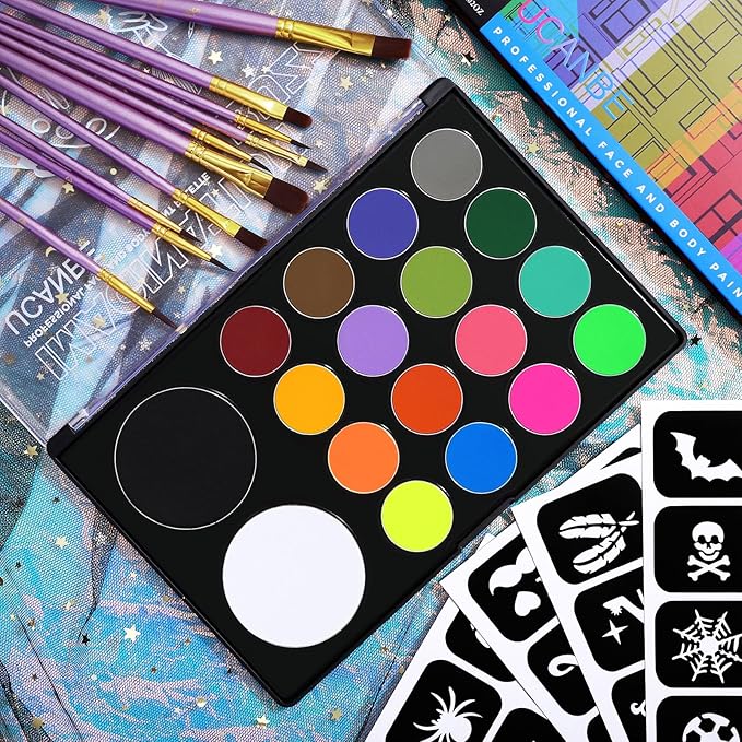 UCANBE Face Painting Kit for Kids & Adult-18 Colors Non-Toxic Water Based Face Body Paint Palette with Paint Brushes&Stencils, Professional Facepaint Set for Halloween SFX Makeup, Cosplay & Costume