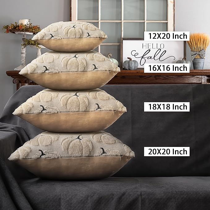 Fall Pumpkins Decorative Pillow Covers 16x16 Set of 2, Beige Soft Plush Faux Fur Wool Farmhouse Throw Cushion Cases for Autumn Thanksgiving Holiday Home Decorations