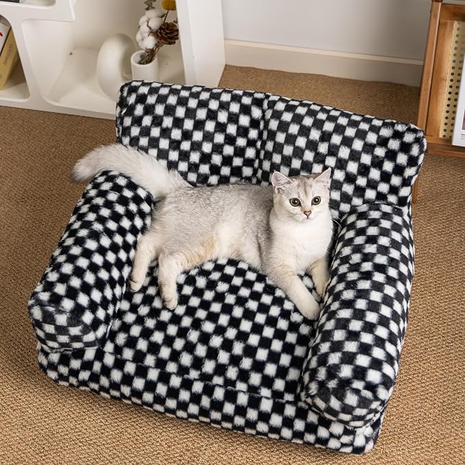 Faux Fur Cat & Dog Sofa Cat Couch Mini Cat Bed Indoor Human Style Pet Sofa, Modern Pet Furniture for Cats, Washable & Removable Cover, for Cats and Small Medium Dogs (Black/White, Medium(24X19 inch))
