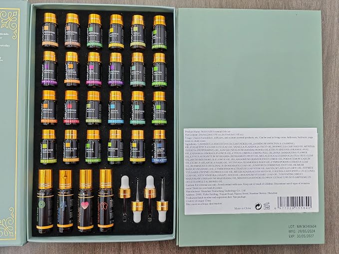MAYJAM Top 28 Essential Oil Set for Diffuser Massage, 24x5ml Essential Oil Singles, 4x10ml Essential Oil Blends for Home Office Yoga