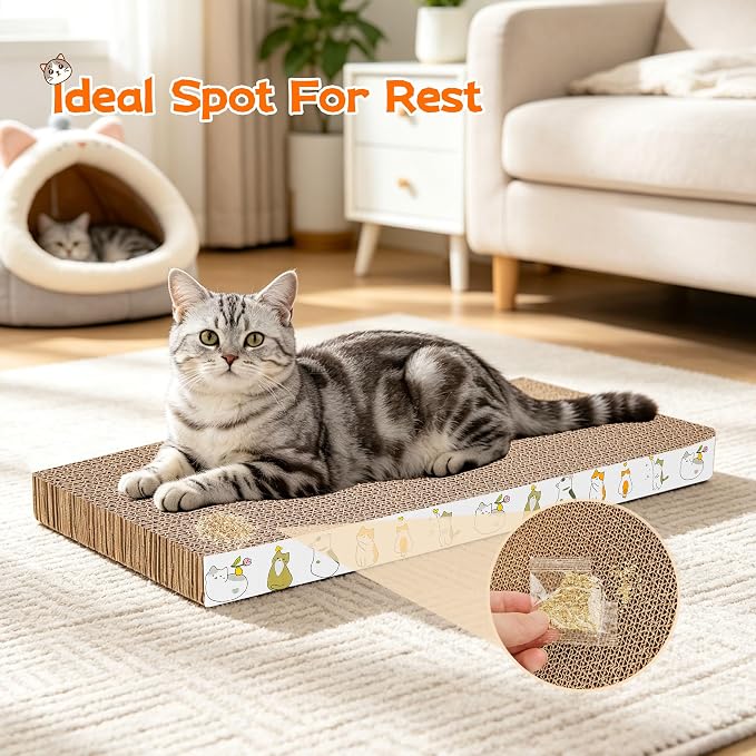 PatiencET Cat Scratcher Cardboard Pads, 4-Pack Mixed Flat and Wavy | Flat and Curved Profiles, Four-Piece Variety, Stretching and Lounging, Catnips Included