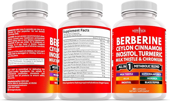 Berberine and Ceylon Cinnamon Supplement - Bitter Melon, Glucomannan, Gymnema Sylvestre, Chromium, Moringa, Milk Thistle, Turmeric, Inositol Pills - 120 Count