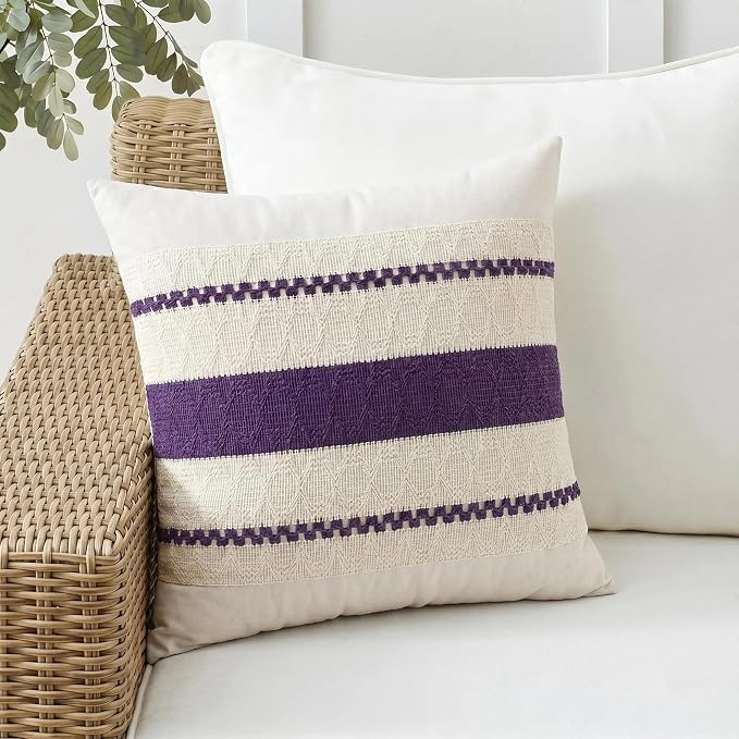 Fancy Homi Set of 2 Boho Purple Decorative Throw Pillow Cover 16x16 Inch for Couch Bed Sofa, Aesthetic Modern Organic Farmhouse Home Decor, Soft Cotton Cute Accent Macrame Woven Cushion Case